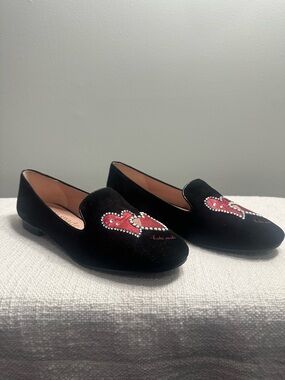 Kate Spade Black Velvet Heart Embellished Loafers | Size 10.5